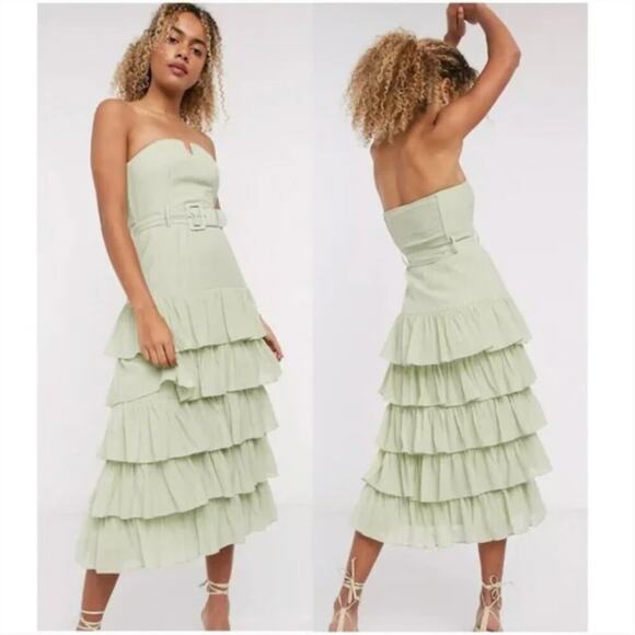 & Other Stories Layered Belted Strapless Midi Dress in Light Green - Picture 2 of 8
